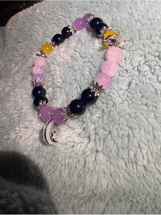homemade Jewelry - Celestial Moon Charm Beaded Bracelet - Pink, Purple, Black & Yellow